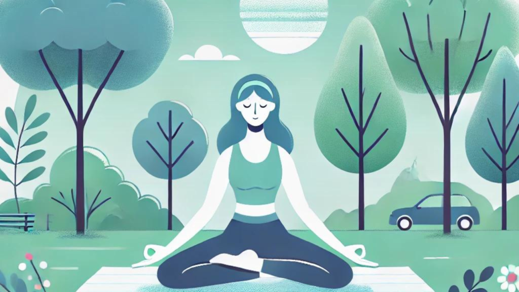 An illustration of a person doing yoga in a park, surrounded by trees and flowers, with a serene expression, representing regular exercise for a happier and healthier life.