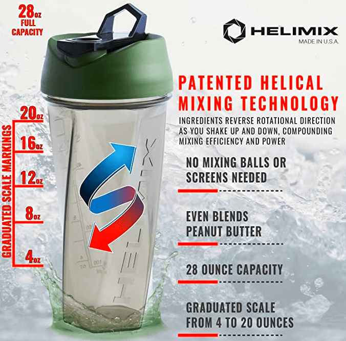 Helimix Vortex Blender Shaker Bottle with list of advantages