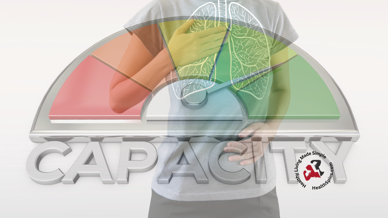 A person holding their chest with a lung illustration overlaid, and a gauge showing lung capacity levels. Learn how to increase your lung capacity effectively.