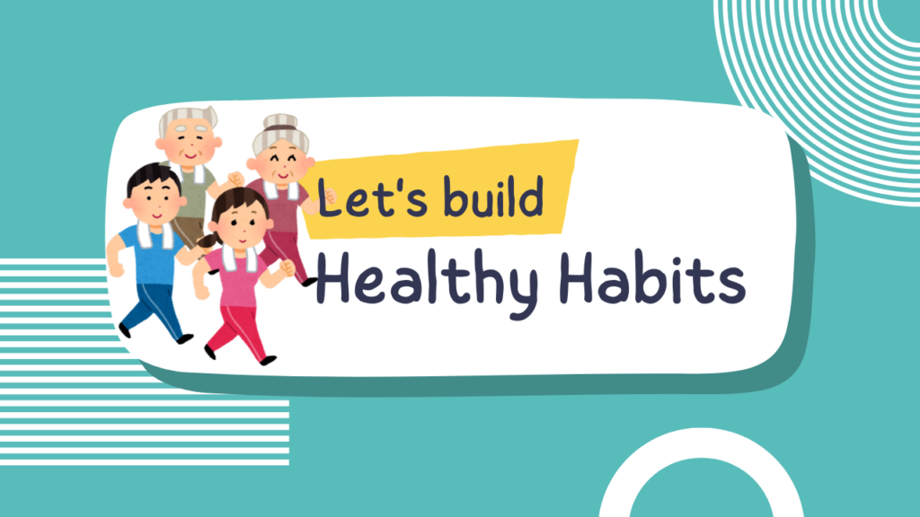 lets build health habits and a group of figures walking for exercise habits.