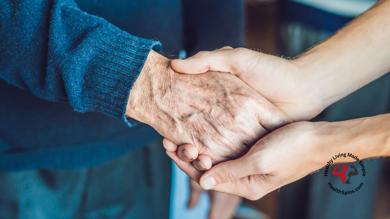 "An elderly person holding hands with a younger person, symbolizing support, connection, and the importance of maintaining social bonds for mental well-being in aging. The image represents the theme of staying sharp and happy through meaningful relationships."