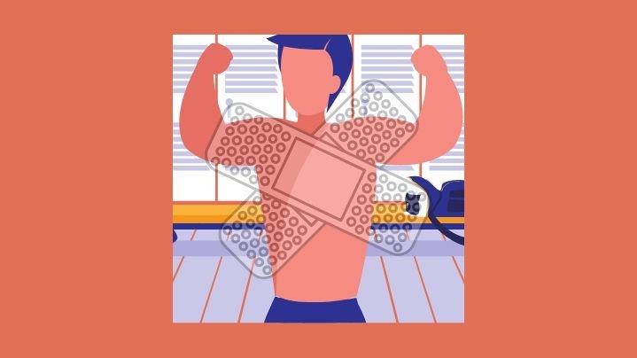 man with sore muscles after workout icon image with bandaids applied