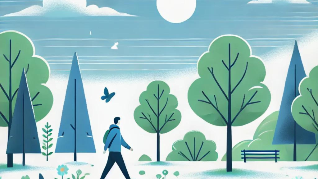 An illustration of a person taking a peaceful walk in nature, surrounded by trees, flowers, and a clear blue sky, symbolizing the importance of spending time in nature for a happier and healthier life.