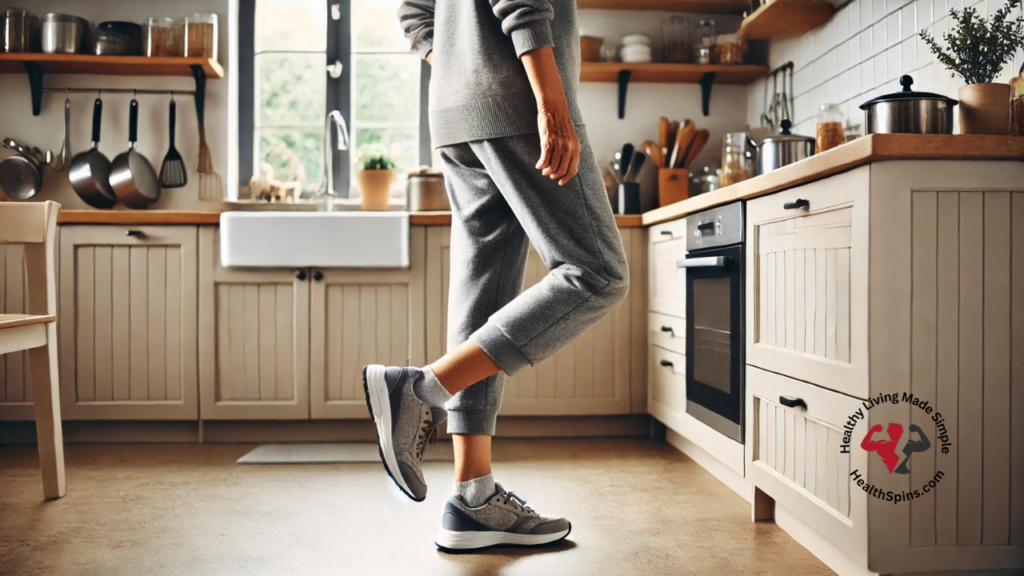 senior lady standing on one leg to improve balance and muscle strength