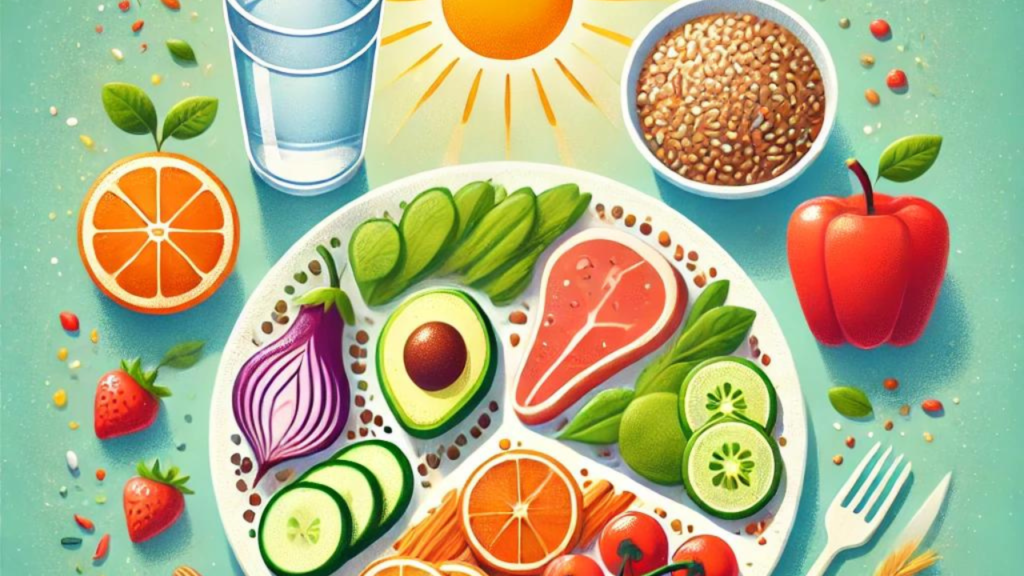 A colorful illustration of a balanced meal on a plate, including fruits, vegetables, lean proteins, whole grains, and a glass of water, symbolizing a balanced diet for a happier and healthier life.